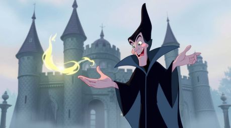 A classic Disney villain, depicted with an unexpectedly gentle expression, casts a spell within the walls of an ancient castl