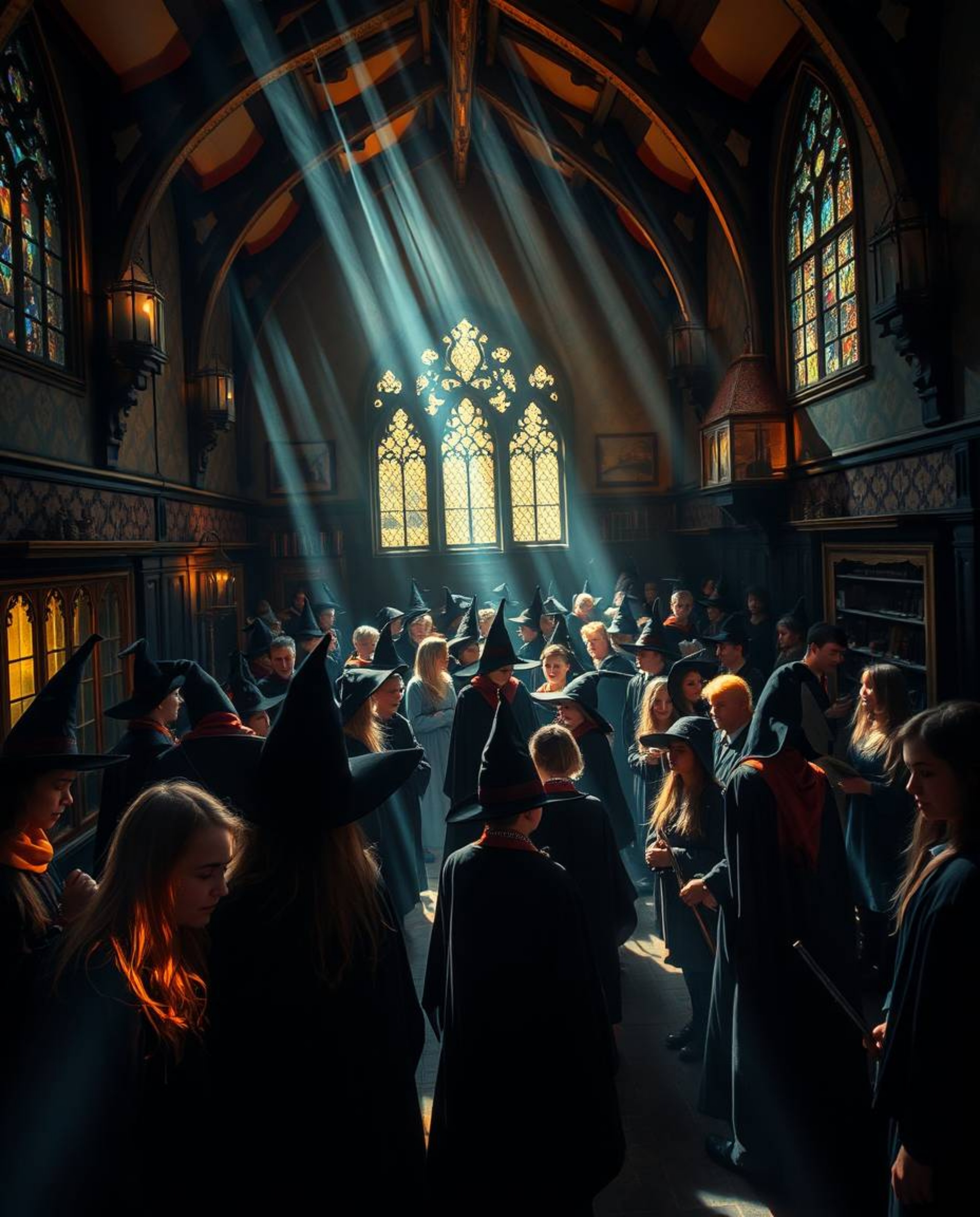 Explore a magical school teeming with young wizards, captured in stunning detail.  Bathed in strong, hard light that creates 