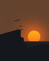This is a silhouetted, back-lit modern flat design illustration of a sunset over a coastal cliff with soaring birds. The artw