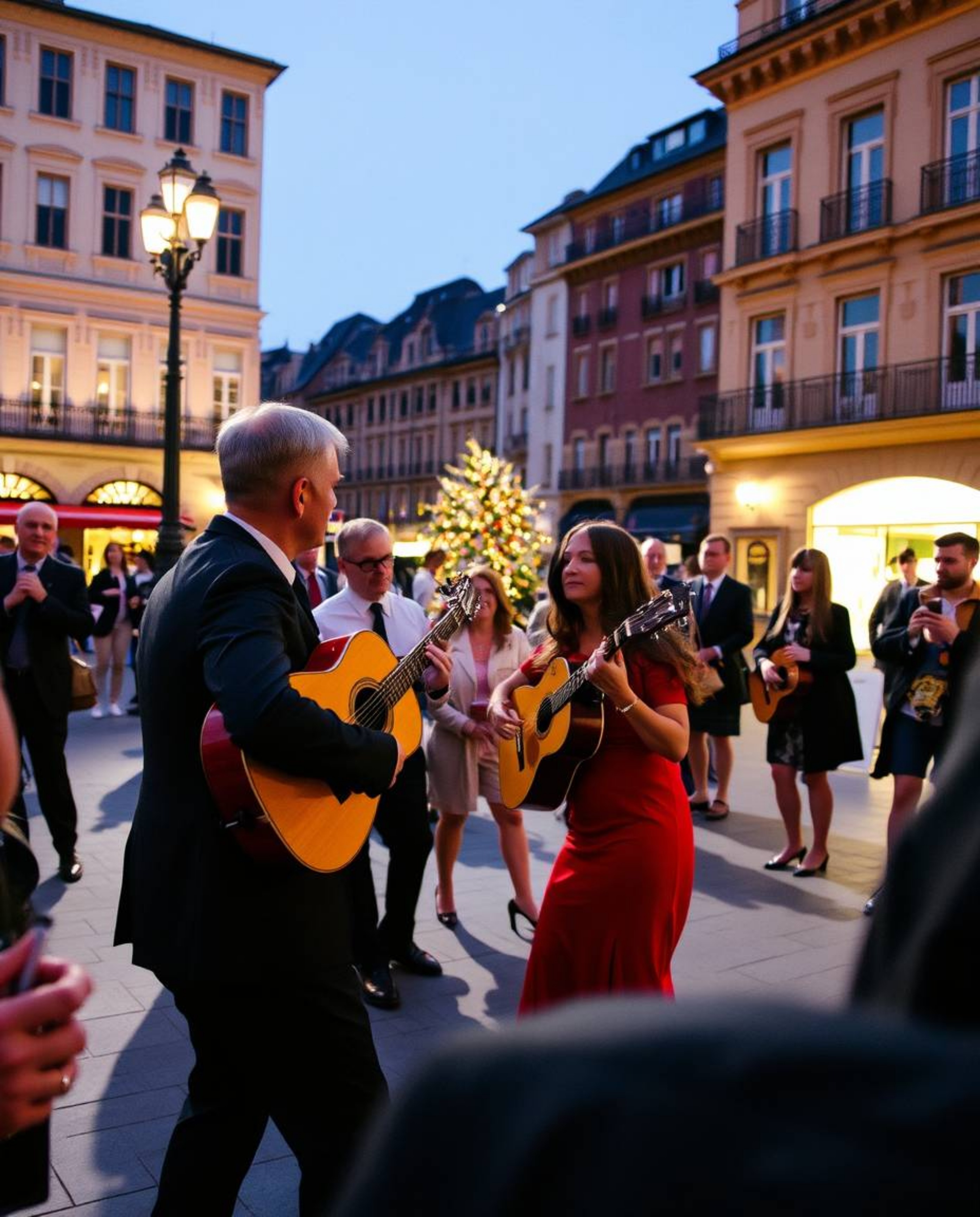 Capture the magic of a spontaneous musical number in a brightly lit town square with this collection of candid street photogr