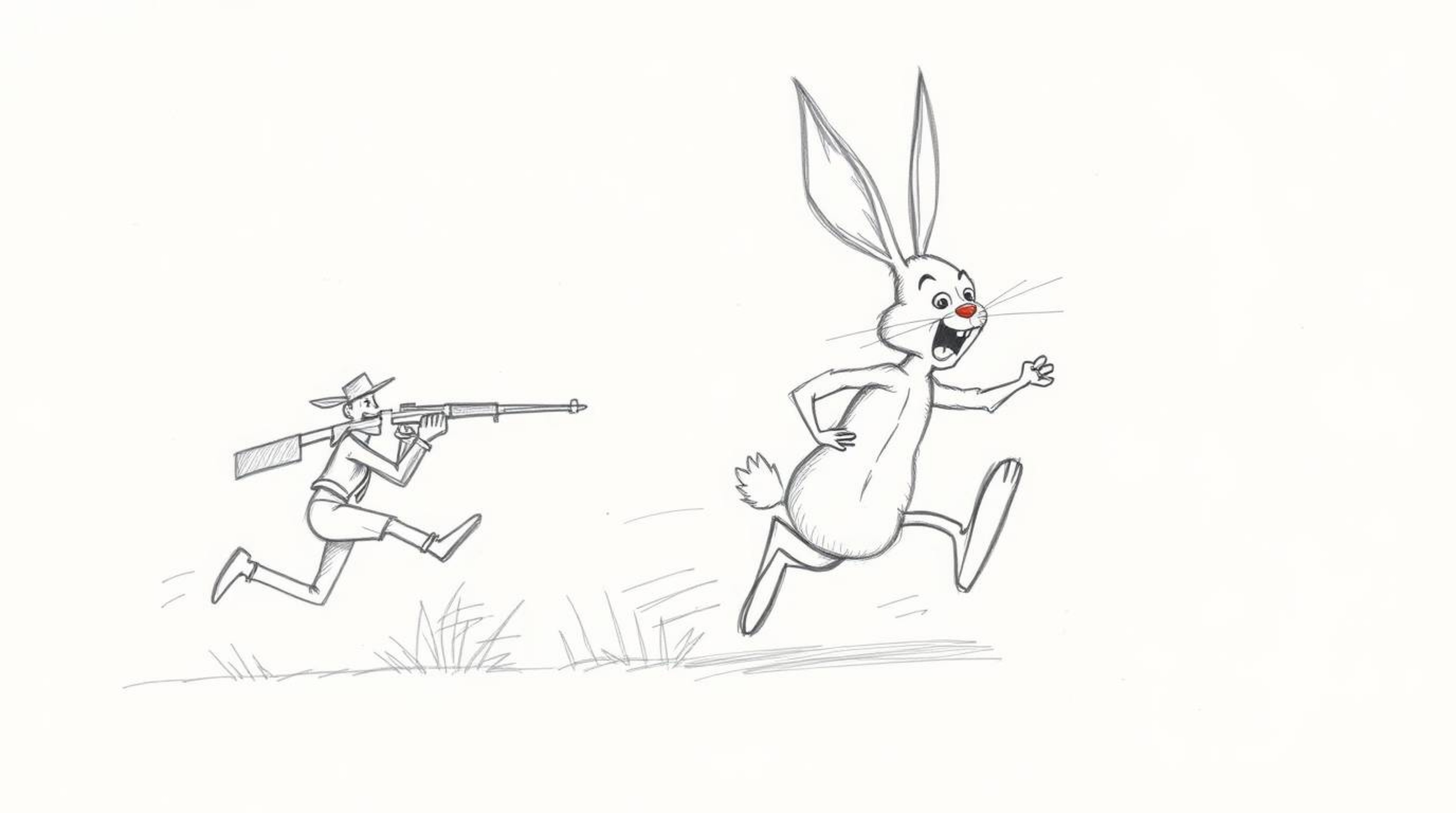 A hand-drawn sketch captures a wacky rabbit in a humorous chase scene, outrunning a hunter with exaggerated expressions and p
