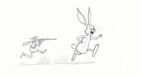 A hand-drawn sketch captures a wacky rabbit in a humorous chase scene, outrunning a hunter with exaggerated expressions and p