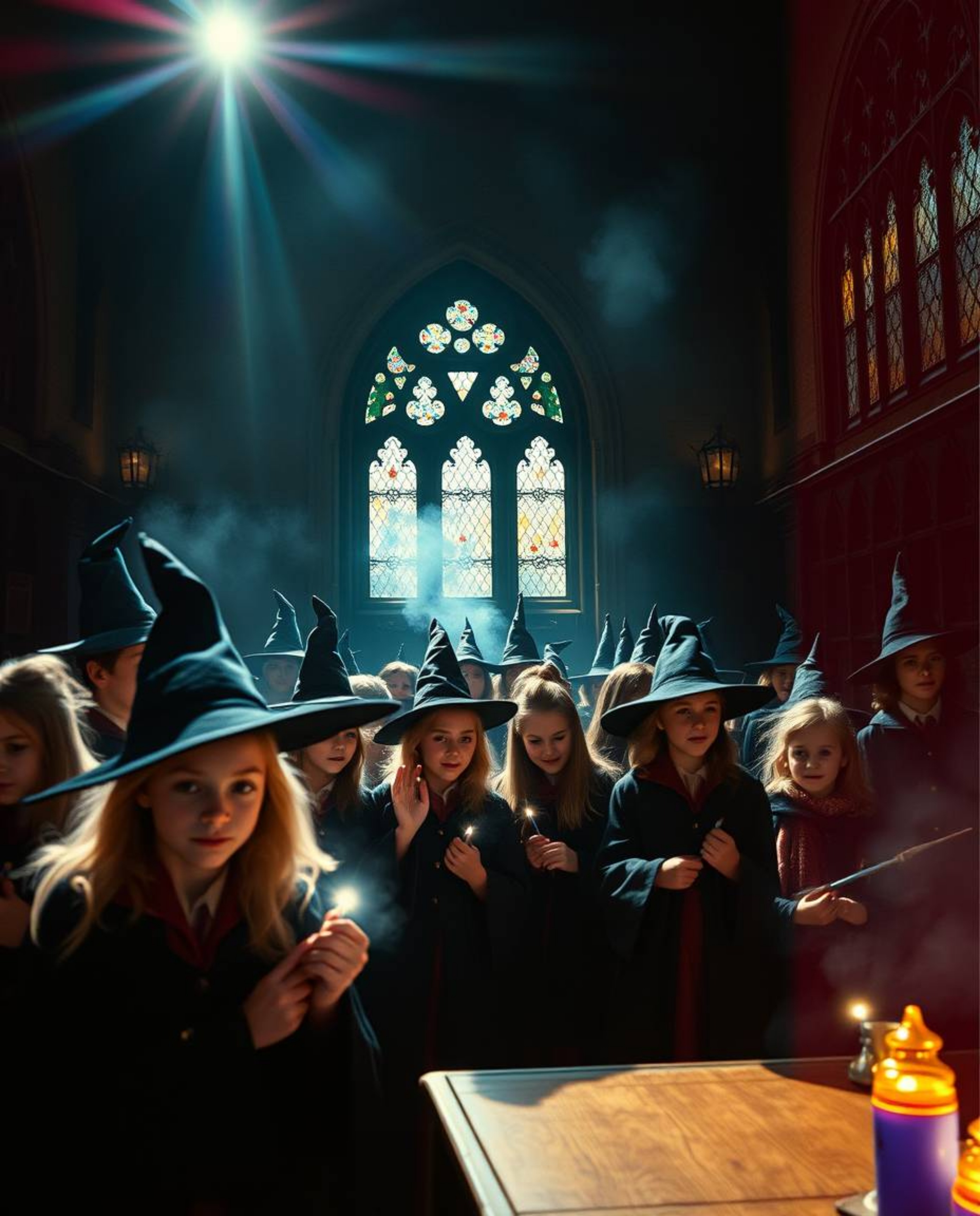 Explore a captivating magical school teeming with young wizards, brought to life with a dramatic cinematic style. Experience 