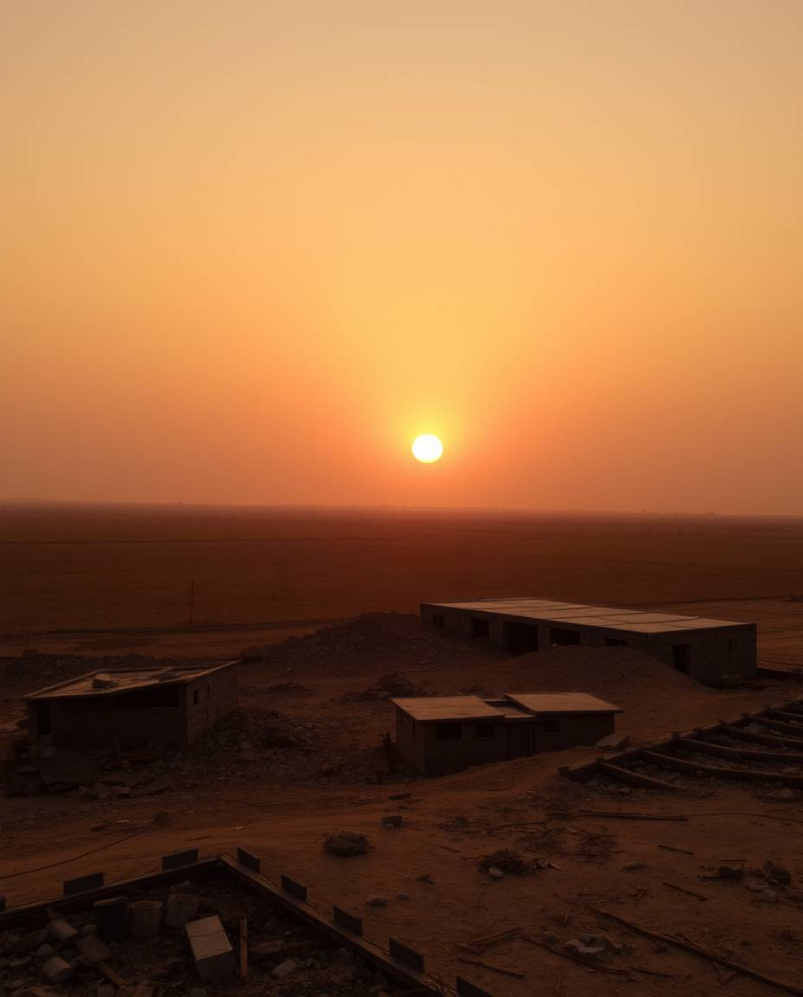 A stunning high-resolution stock photo depicting a sunrise over a war-torn landscape.  The image features natural earth tones