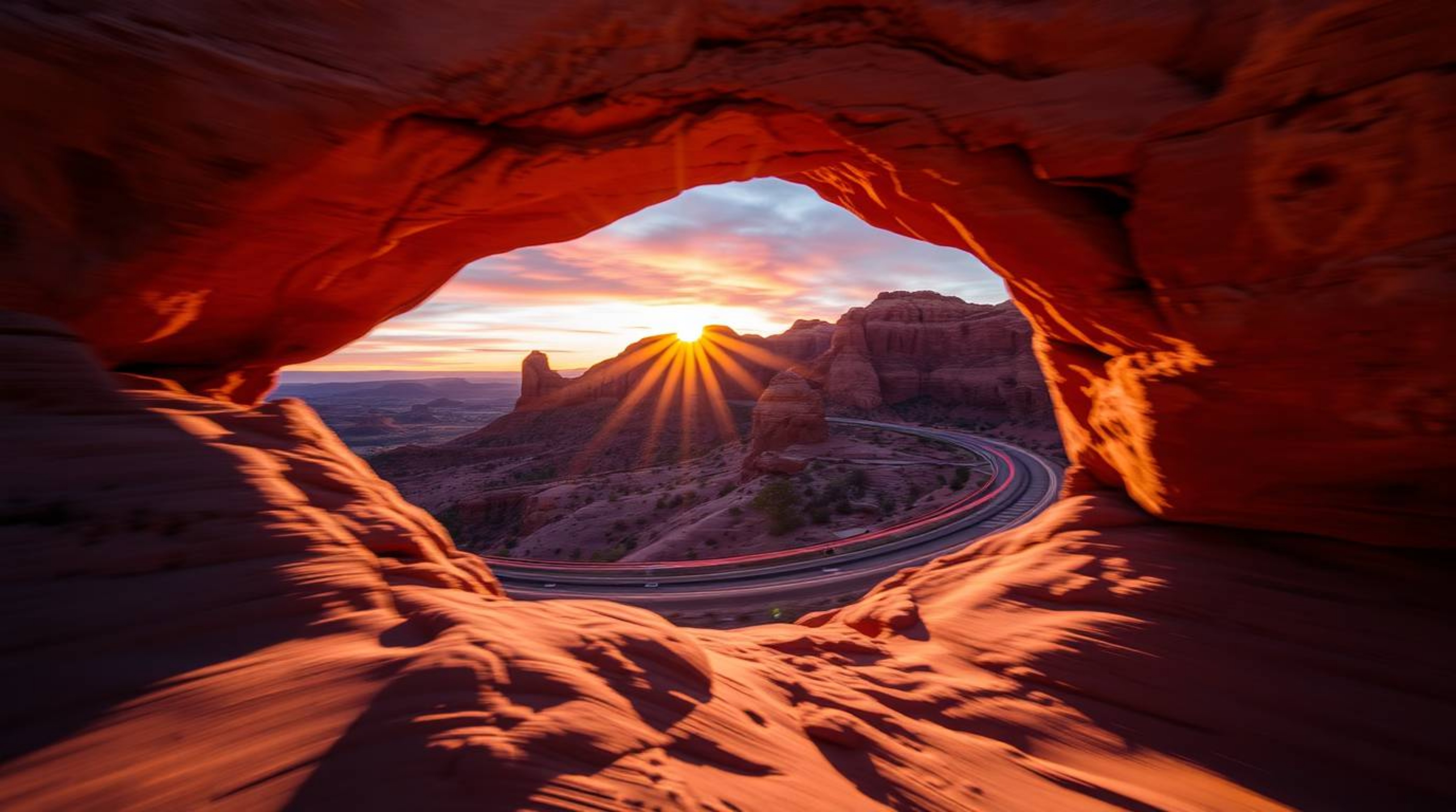 Capture the vibrant energy of a desert sunset through a natural rock arch with this long-exposure photograph. The bright colo