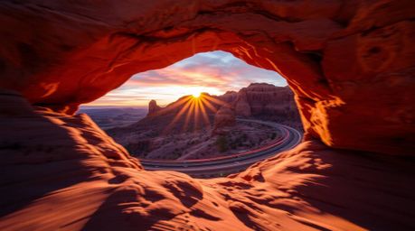 Capture the vibrant energy of a desert sunset through a natural rock arch with this long-exposure photograph. The bright colo