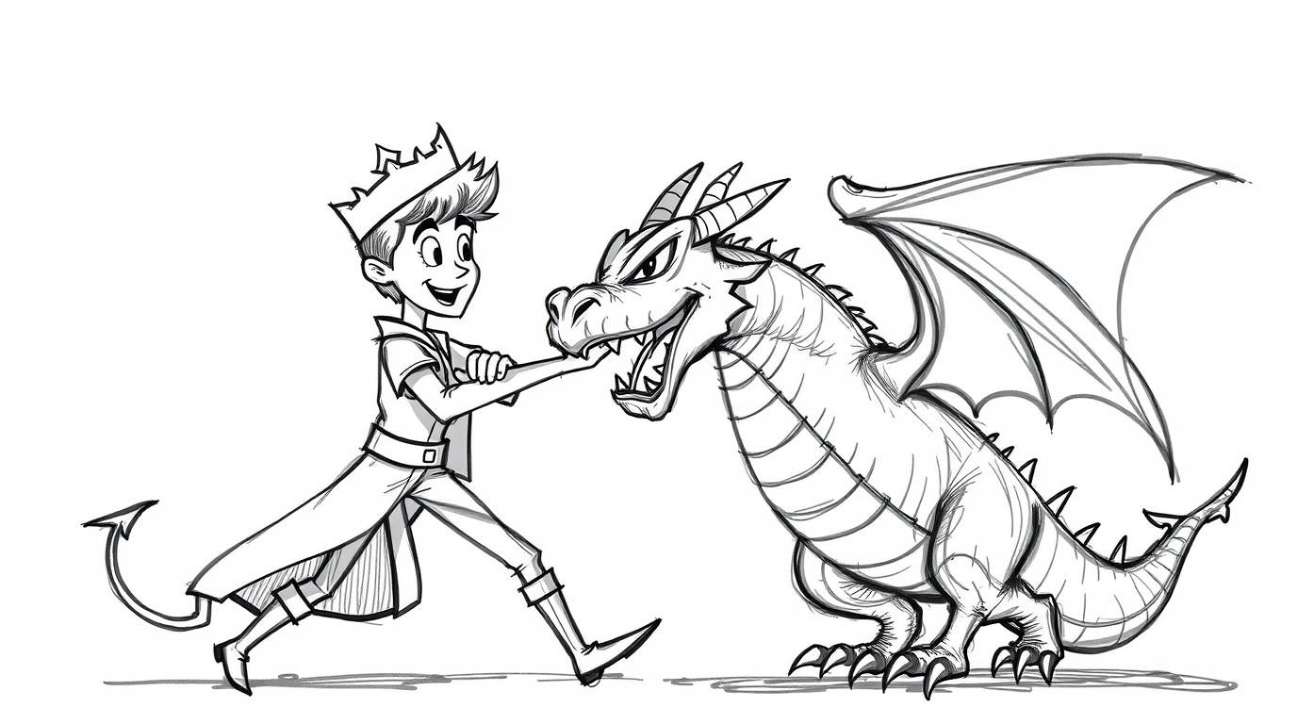A captivating hand-drawn sketch depicts a charming prince battling a fearsome dragon, rendered in a vibrant 1950s animation s