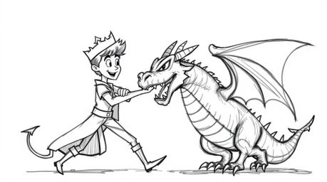 A captivating hand-drawn sketch depicts a charming prince battling a fearsome dragon, rendered in a vibrant 1950s animation s