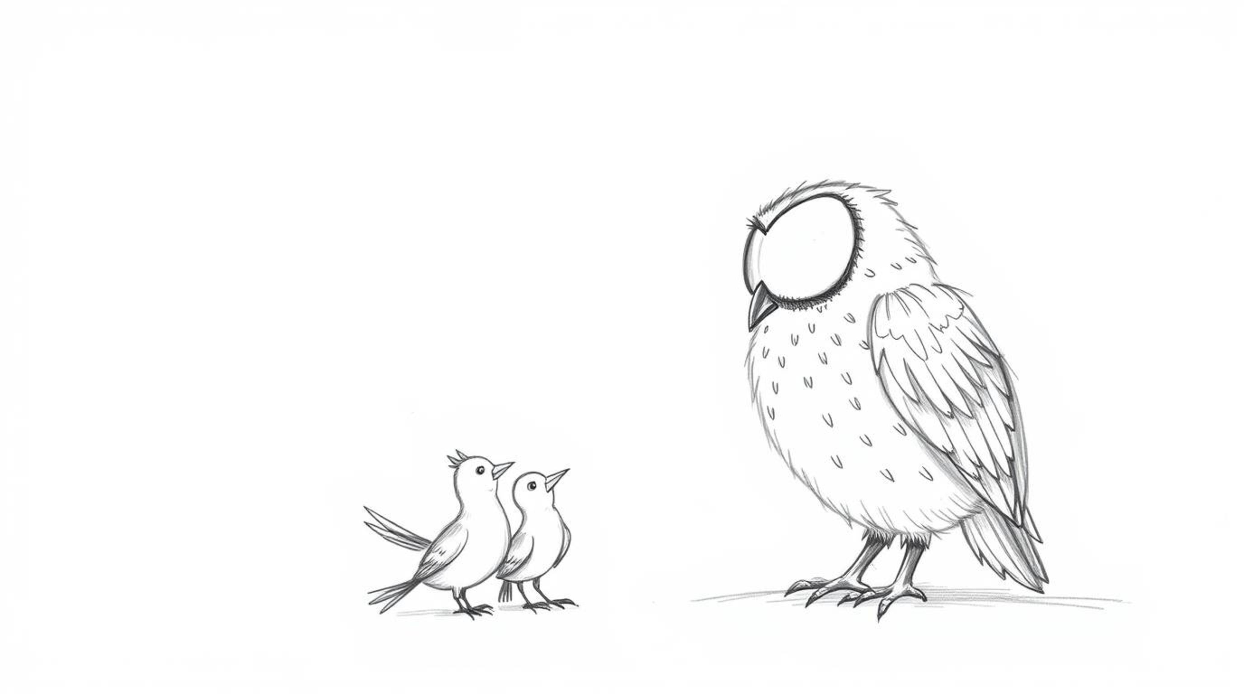 A heartwarming hand-drawn sketch in the style of Pixar depicts a wise, blind owl patiently teaching a flock of birds how to f