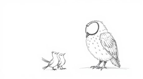 A heartwarming hand-drawn sketch in the style of Pixar depicts a wise, blind owl patiently teaching a flock of birds how to f