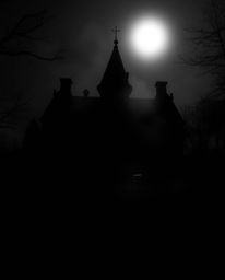 This image depicts a silhouetted, fog-covered Victorian mansion bathed in the ethereal glow of moonlight.  The classic black 