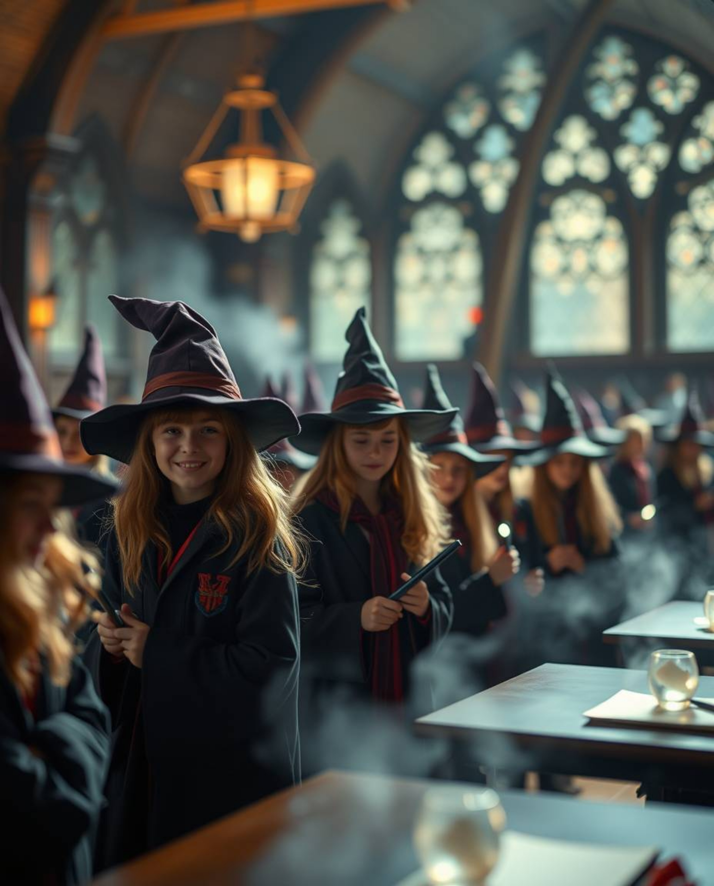 Discover a captivating image of a magical school brimming with young wizards.  The gentle, soft light and blurred bokeh effec
