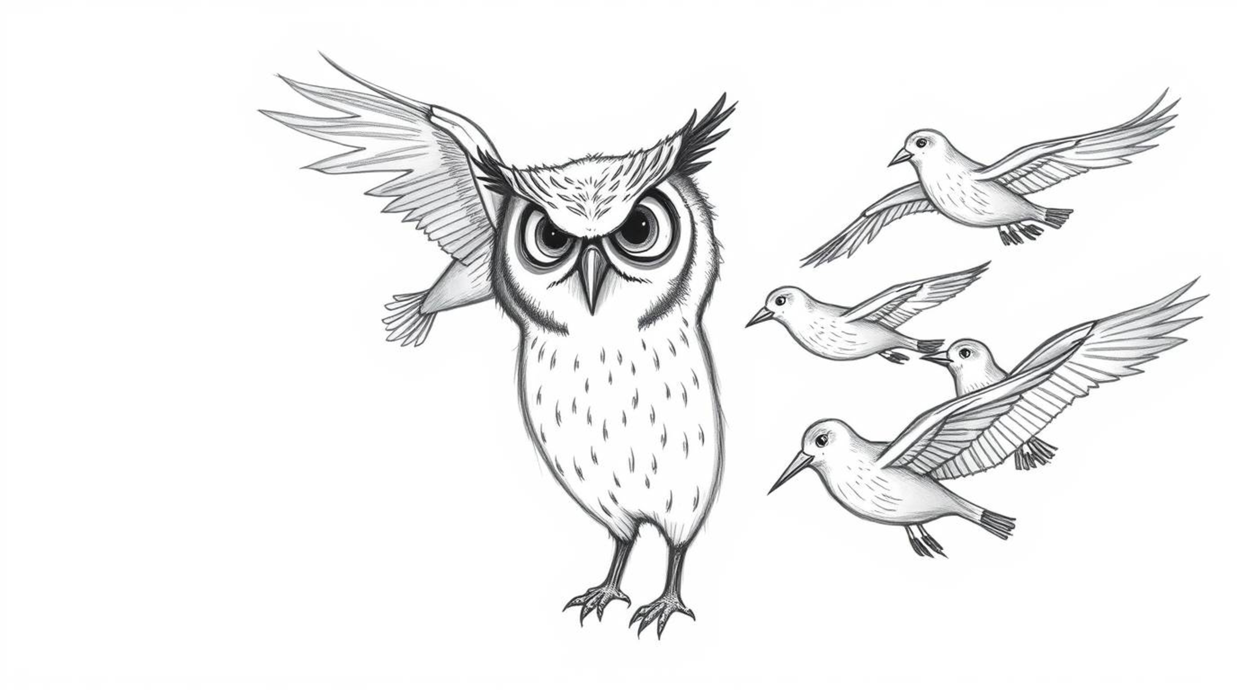 A hand-drawn sketch depicts a wise-looking, blind owl with subtly detailed facial features. In a Pixar-esque style with textu