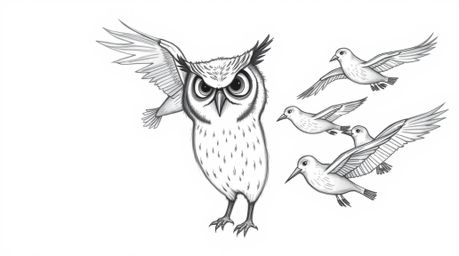 A hand-drawn sketch depicts a wise-looking, blind owl with subtly detailed facial features. In a Pixar-esque style with textu