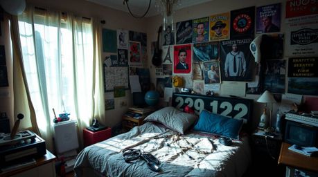 Step into a surreal and high-contrast scene: a messy bedroom overflowing with strange gadgets and posters. Artistic lighting 