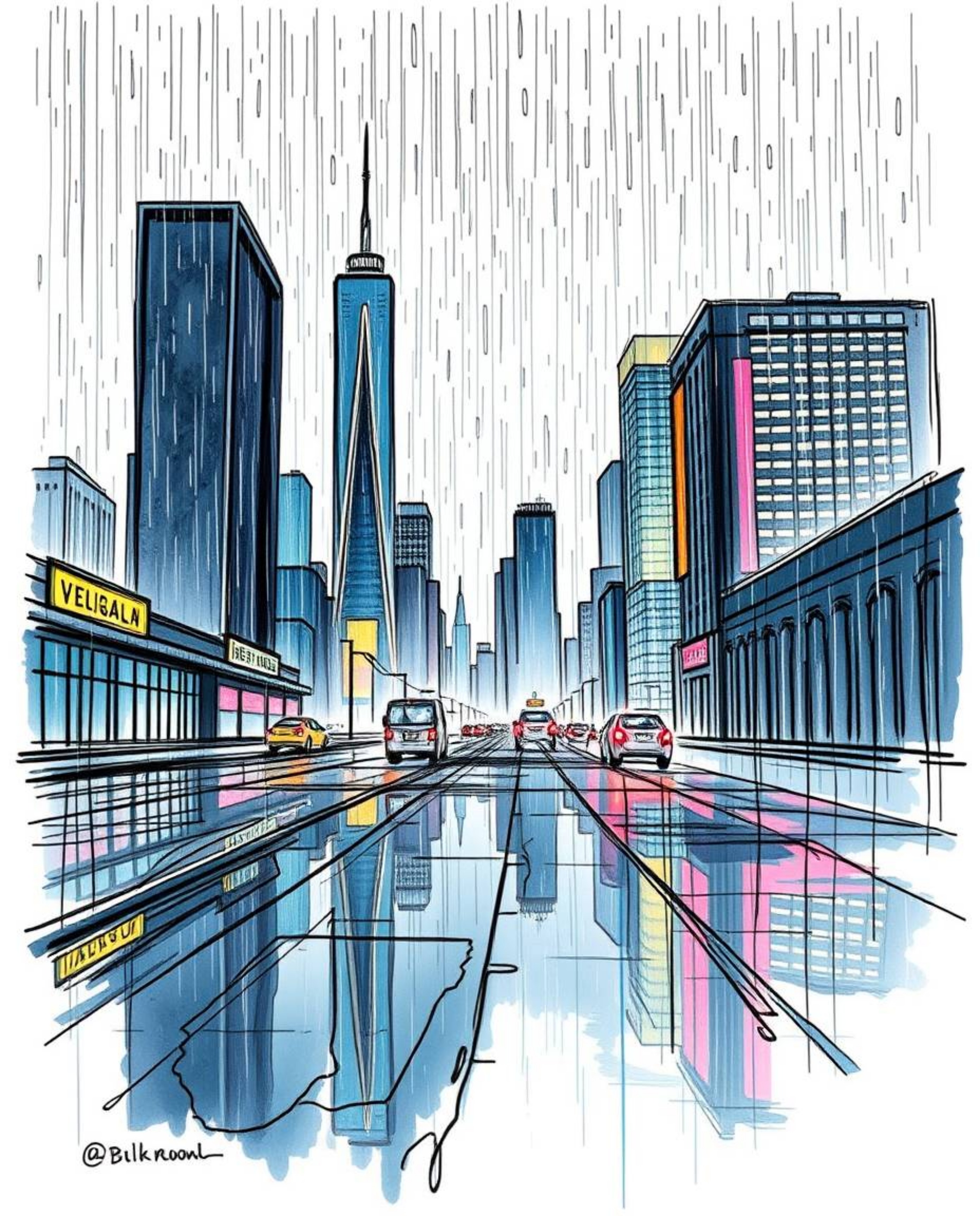 A hand-drawn color sketchnote style sketch depicting a wet, rainy scene with a glitchy digital landscape. The artwork feature