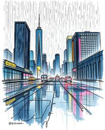 A hand-drawn color sketchnote style sketch depicting a wet, rainy scene with a glitchy digital landscape. The artwork feature