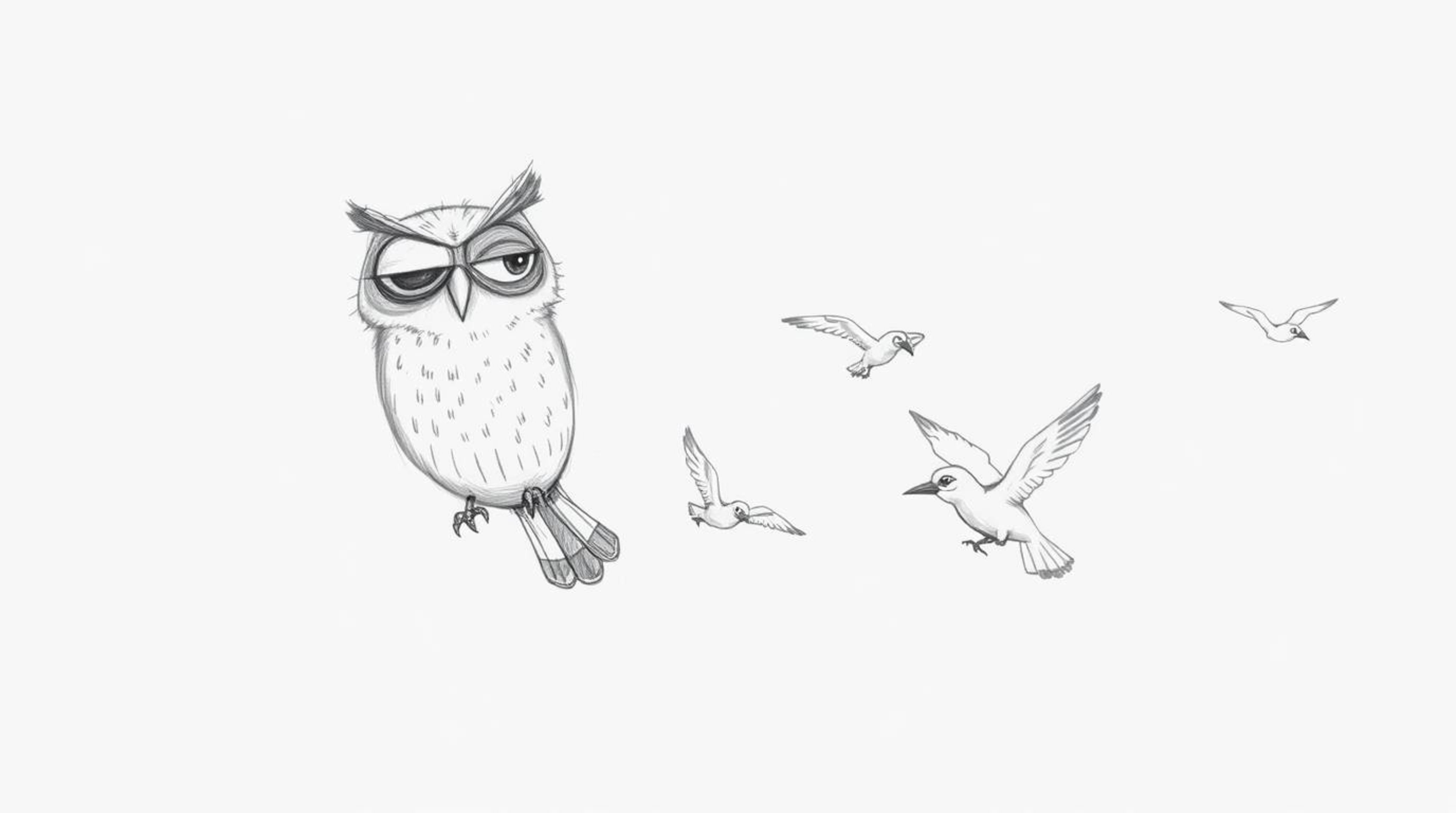 A hand-drawn pencil sketch in Pixar style depicts a wise-looking, blind owl with wrinkled features leading a formation of bir