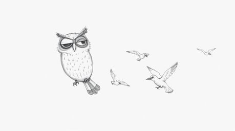 A hand-drawn pencil sketch in Pixar style depicts a wise-looking, blind owl with wrinkled features leading a formation of bir