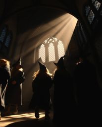 Discover the enchantment of a magical school filled with young wizards. This captivating image, captured from a low angle wit