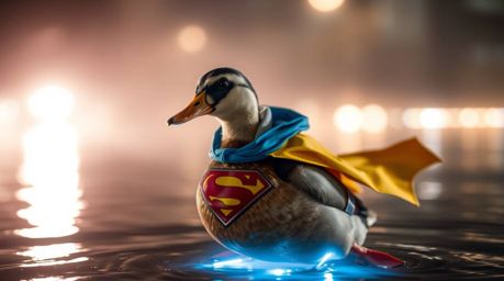 Capture a mystical feeling with this long exposure photograph of a duck donning a zany superhero costume. The ethereal vibe i