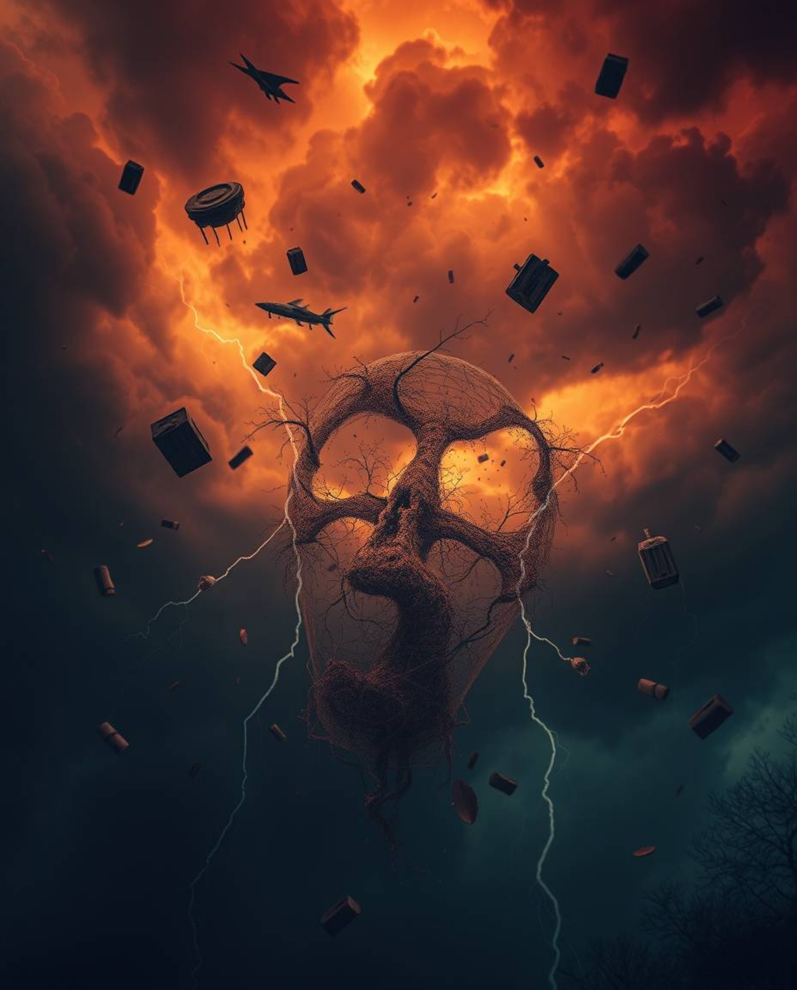 Experience an eerie and creepy atmosphere in this surreal storm, where flying objects defy broken gravity. The scene is bathe