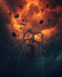 Experience an eerie and creepy atmosphere in this surreal storm, where flying objects defy broken gravity. The scene is bathe