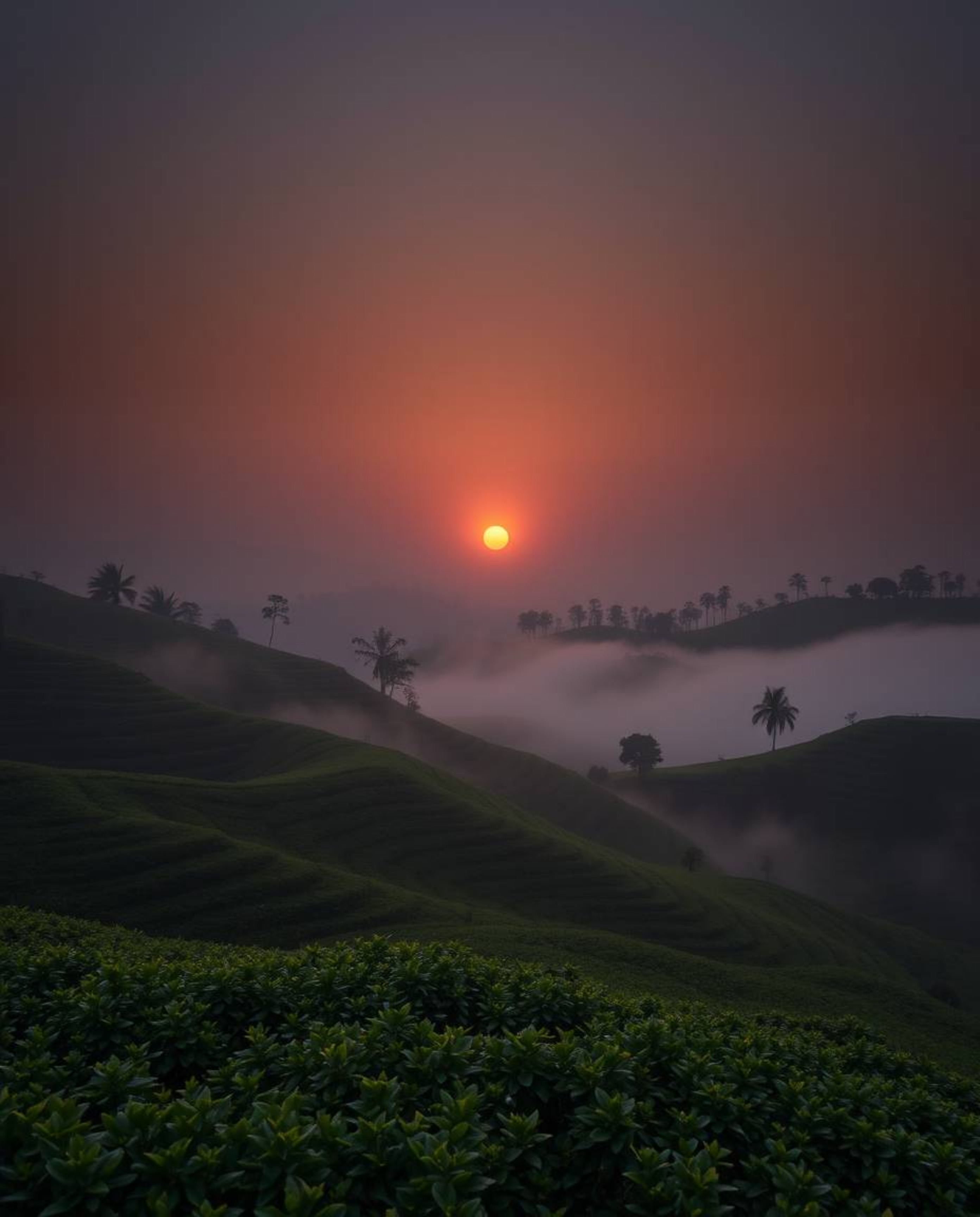 This is a moody, low-contrast style photograph that captures an adorable and charming sunset over terraced tea plantations. T