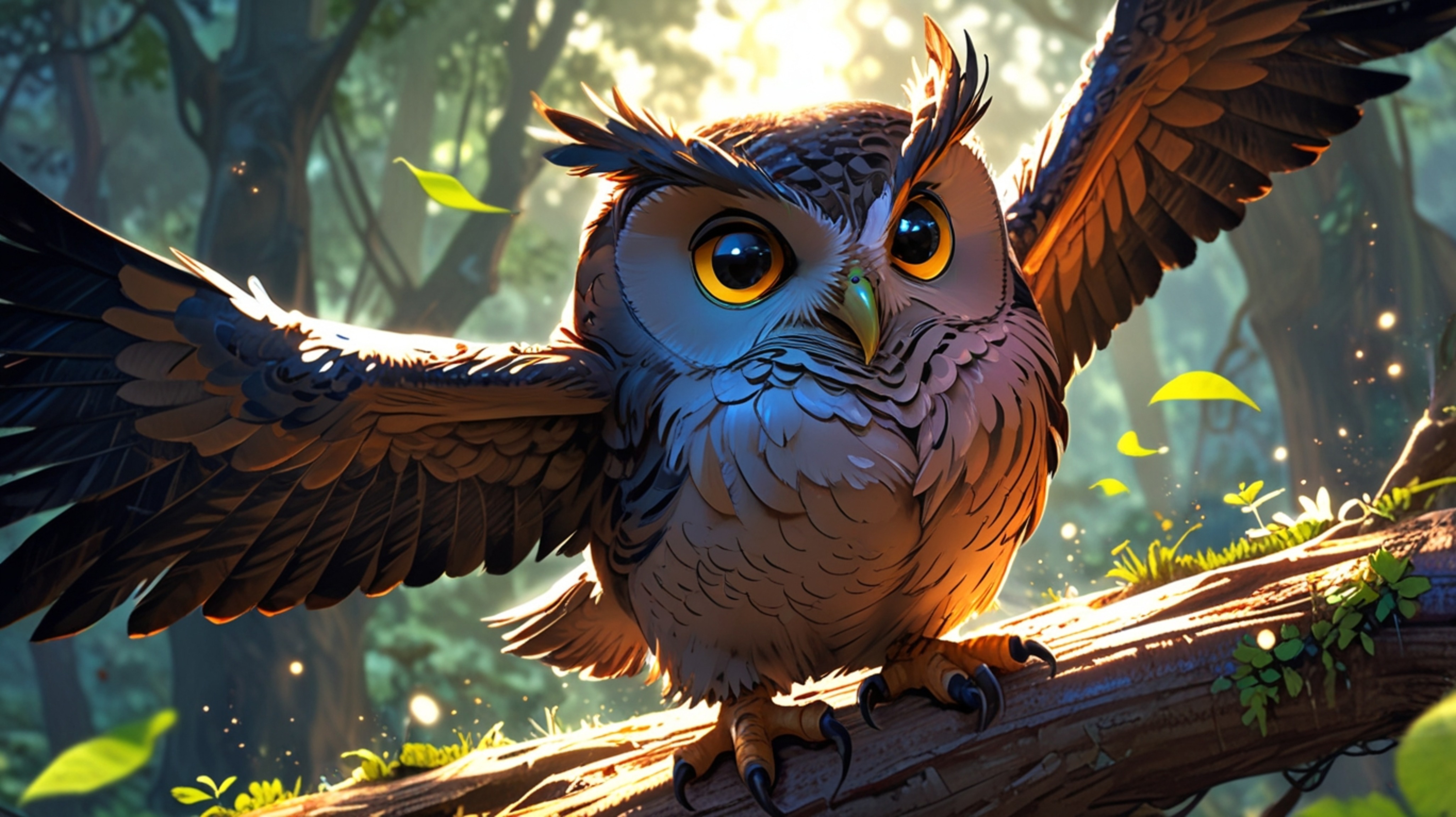 In a heartwarming scene that blends the emotive storytelling of Pixar with an anime aesthetic, a wise blind owl mentors young