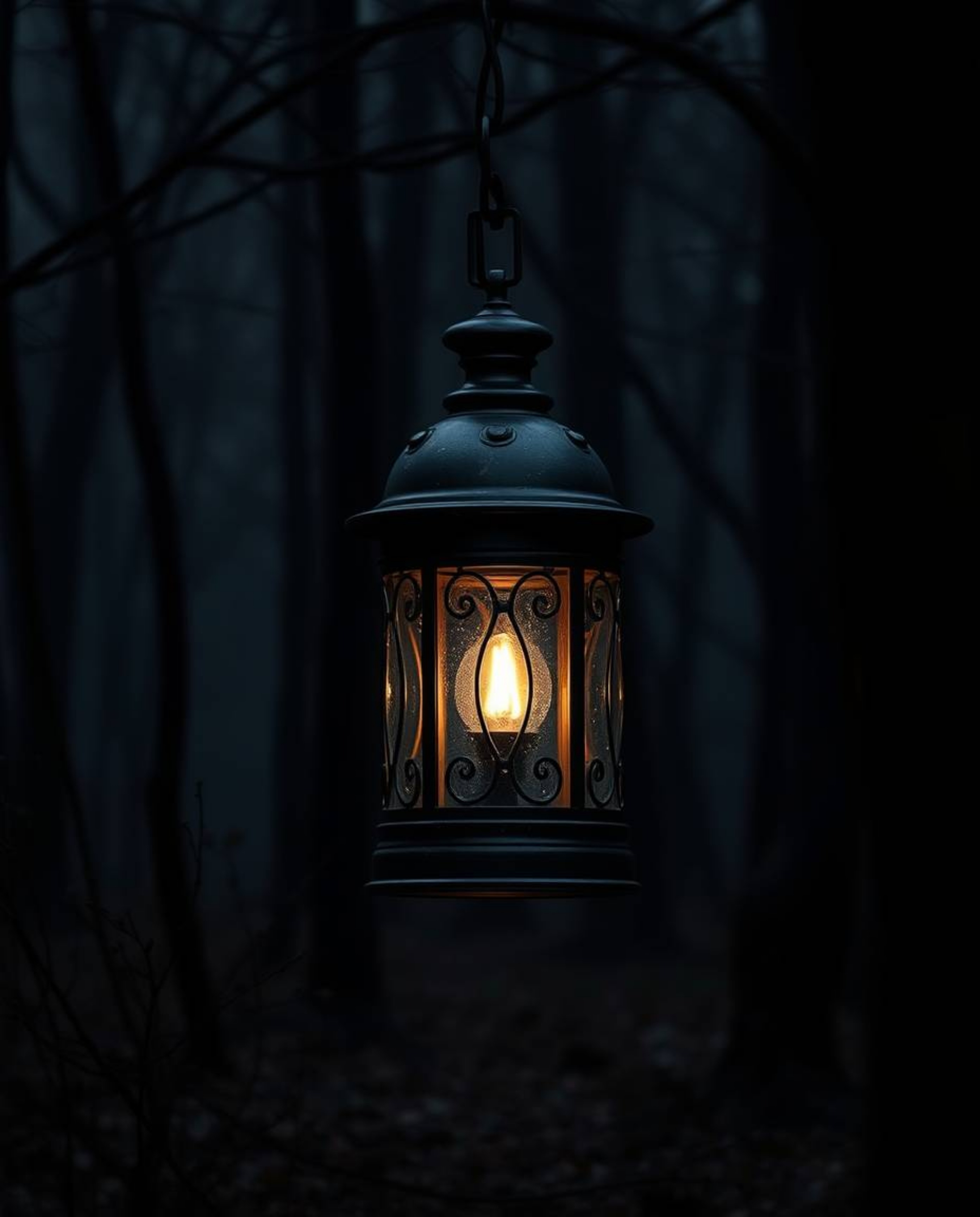 A glowing lantern nestled within a dark forest scene, rendered with a cast bronze finish, is presented with high contrast and