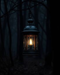 A glowing lantern nestled within a dark forest scene, rendered with a cast bronze finish, is presented with high contrast and