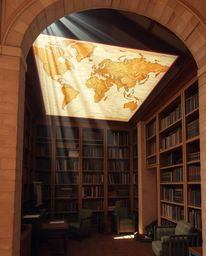 A captivating architectural photograph showcasing volumetric lighting and natural earth tones.  The image features a glowing 