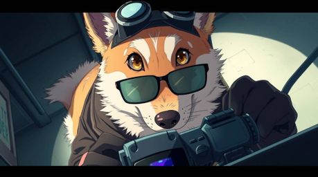 High-angle Isekai anime-style illustration showcasing a charming dog detective equipped with high-tech gadgets. The canine, w