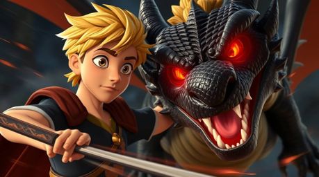 Witness a thrilling battle as a charming prince with fair skin and blond hair fiercely confronts a formidable dragon boasting