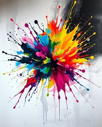 Experience a vibrant explosion of colors as paint splatters across a pristine white canvas in this high-detail abstract artwo
