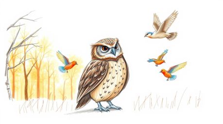 A heartwarming hand-drawn sketch depicts a wise, blind owl patiently instructing vibrant birds in the art of flight.  Set wit