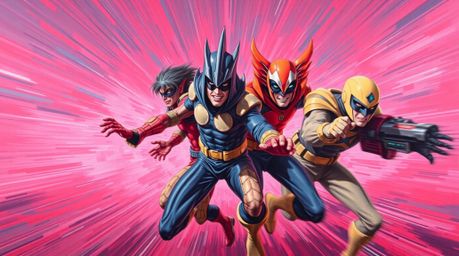 A vibrant acrylic painting depicts a team of misfit heroes in dynamic action poses.  The surreal artwork utilizes infrared to