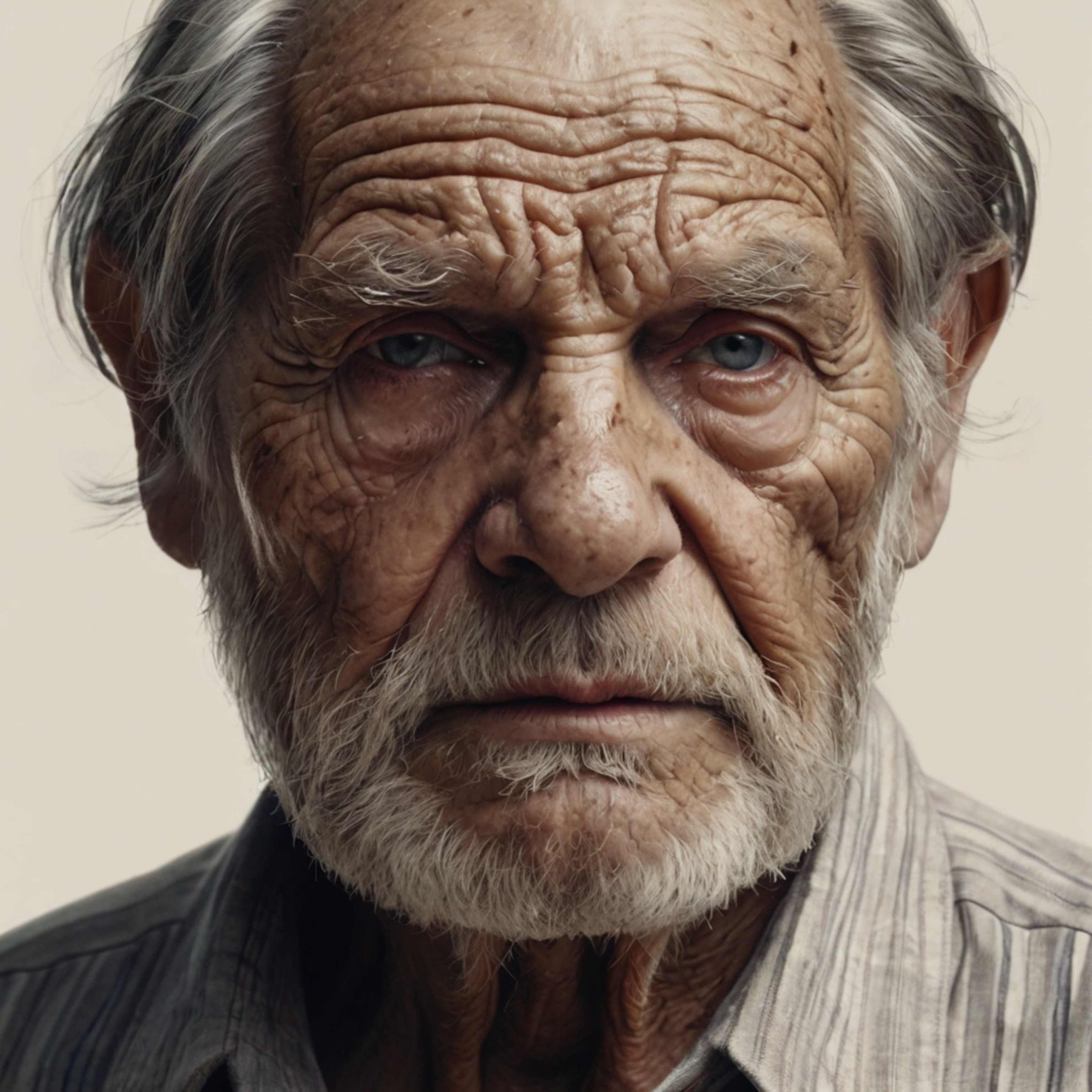 A traditional pencil sketch capturing the essence of an old man's wrinkled face. The artwork features deep lines and delicate