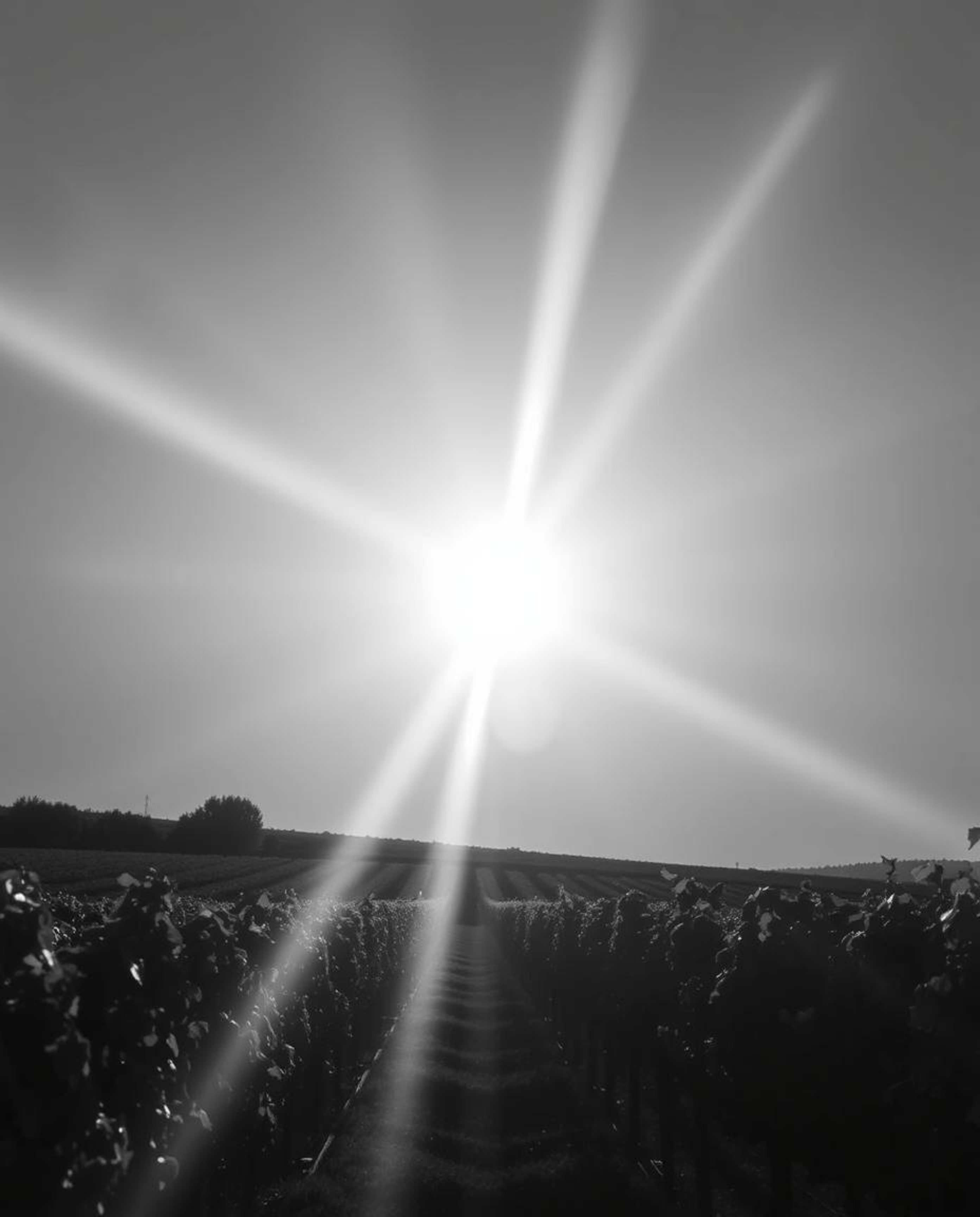 This classic black and white photograph captures a timeless and elegant sunset over a vineyard. Artistic light streaks cut th