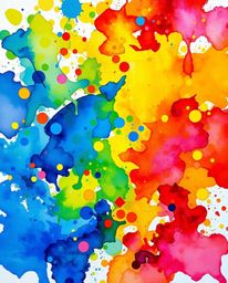 A bold acrylic painting captures a bird's-eye view of colorful watercolor splashes blending seamlessly on paper. Vivid tones 