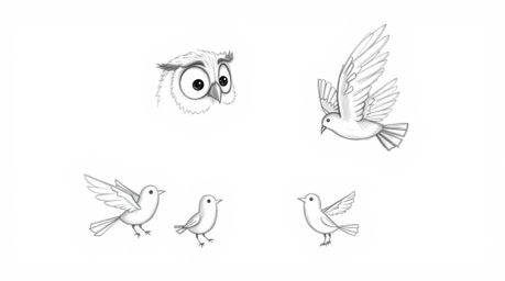 A heartwarming hand-drawn sketch in the style of Pixar depicts a wise, blind owl with soft, feathery texture patiently teachi
