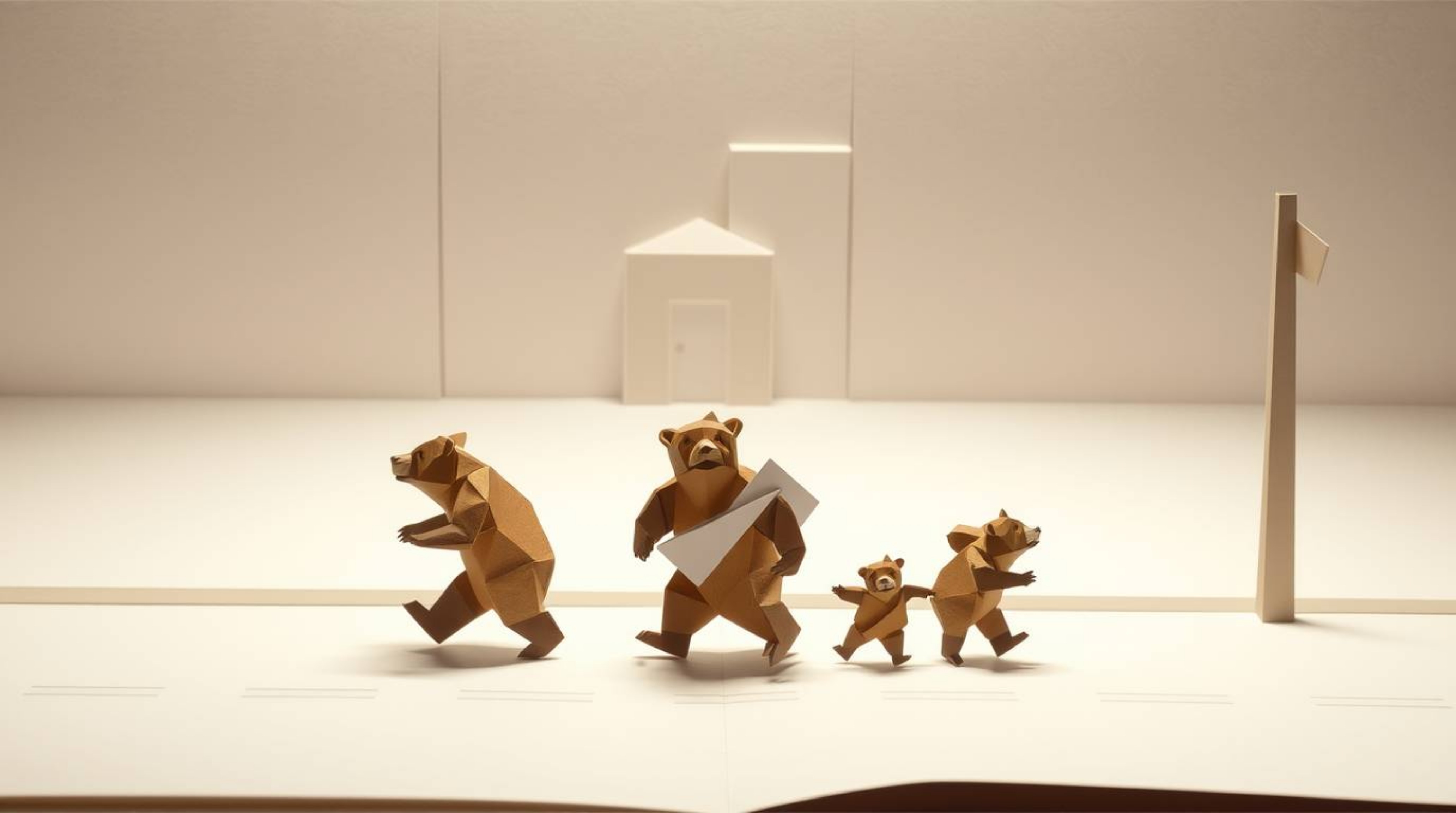 This intricate origami-style illustration depicts a bear family embarking on a charming urban adventure. The artwork features