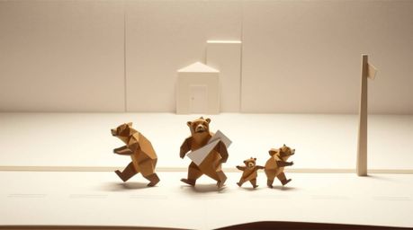 This intricate origami-style illustration depicts a bear family embarking on a charming urban adventure. The artwork features