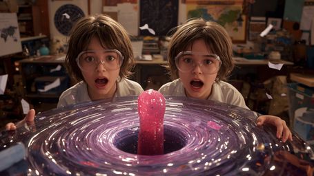 A vibrant, cinematic photograph with a nostalgic, Pixar-inspired aesthetic captures a dynamic duo of pre-teen science fair pa