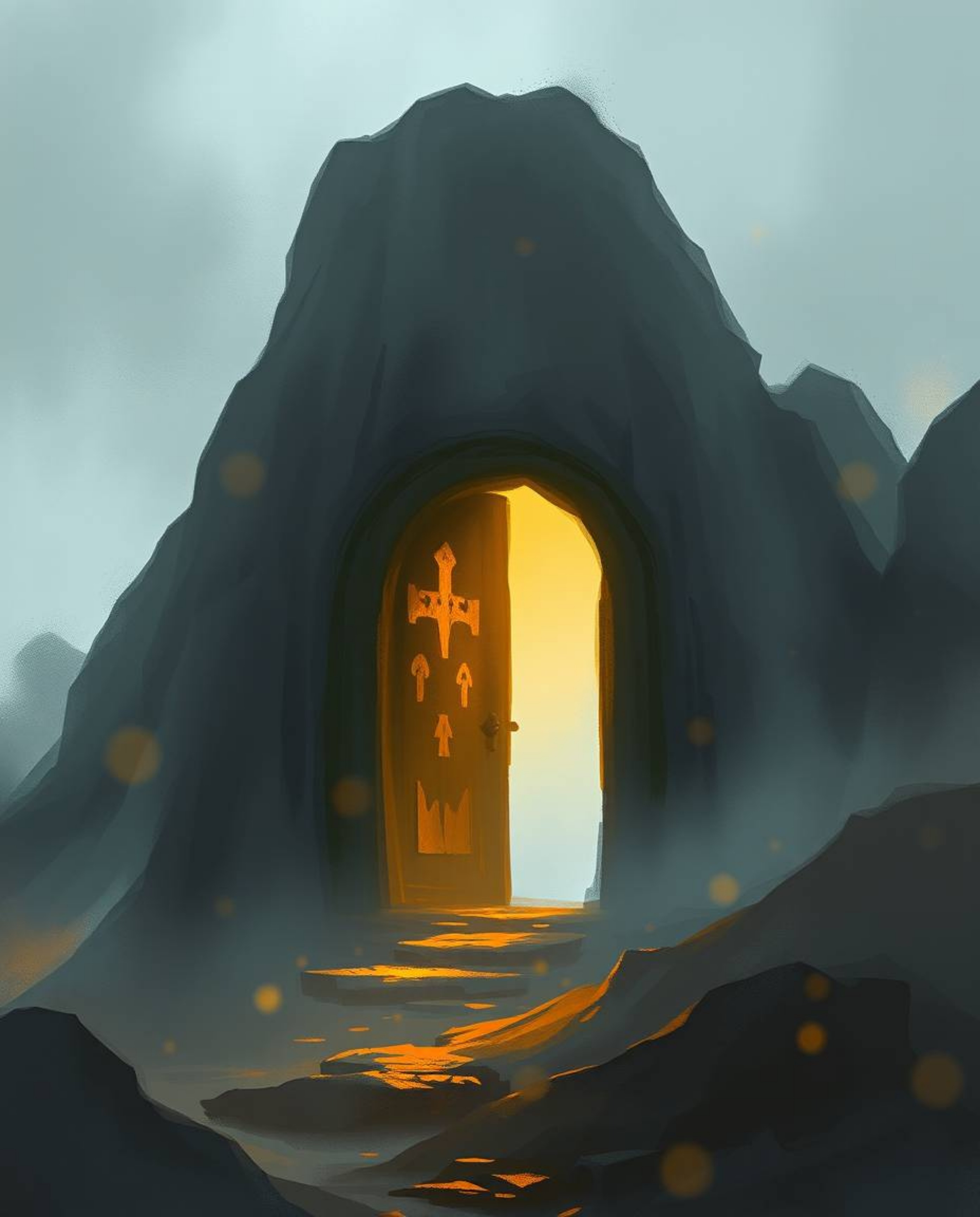 Explore a misty, atmospheric digital sketch of an ancient doorway, glowing with runes, nestled within a mountain. This captiv
