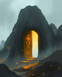 Explore a misty, atmospheric digital sketch of an ancient doorway, glowing with runes, nestled within a mountain. This captiv