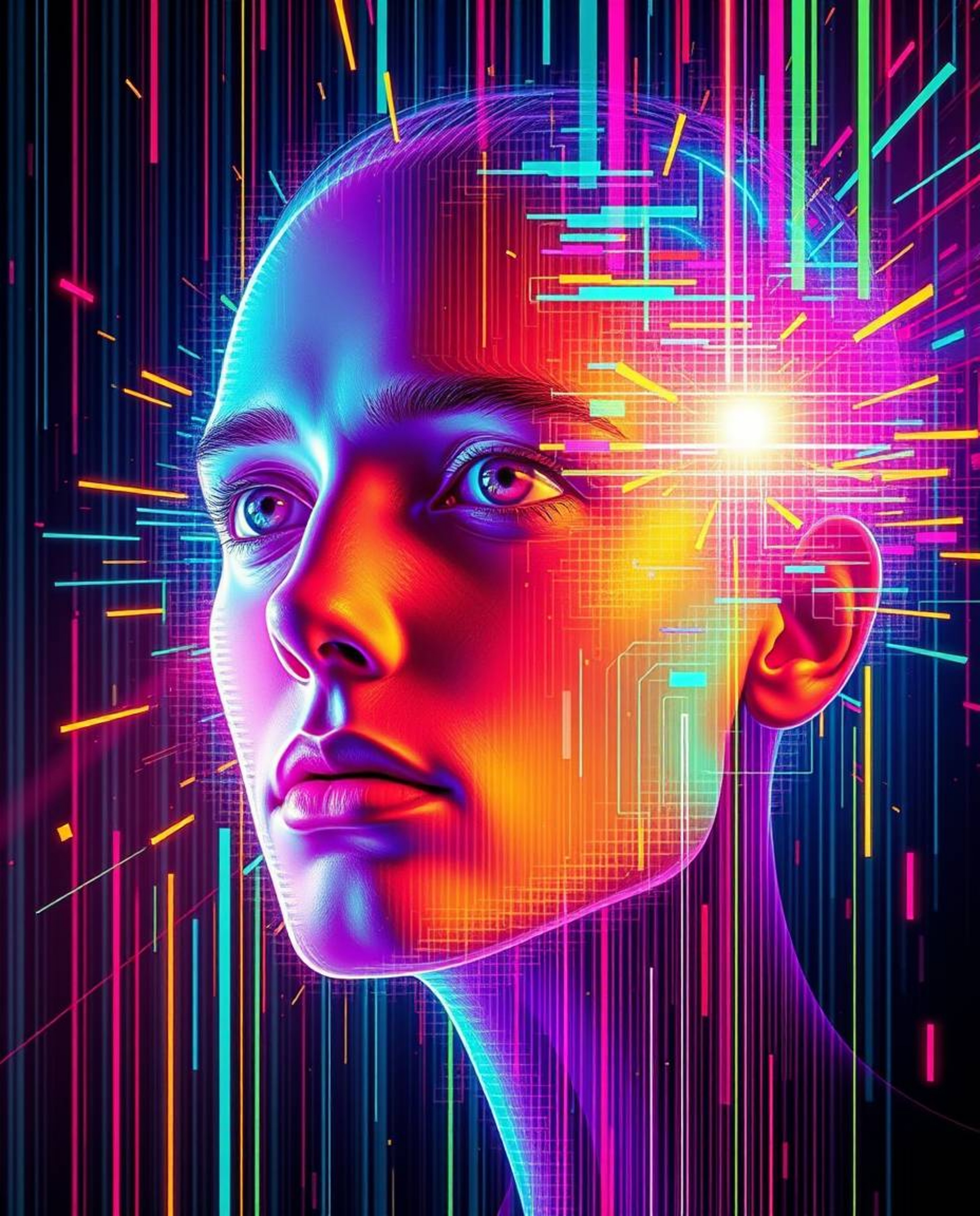 A captivating digital painting showcases a mesmerizing transformation. A digital glitch effect vividly alters a human face, m
