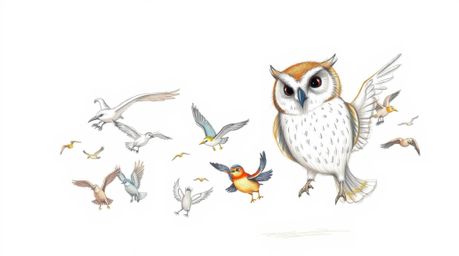 A heartwarming hand-drawn sketch in the style of Pixar depicts a blind owl with soft, expressive features and light brown plu
