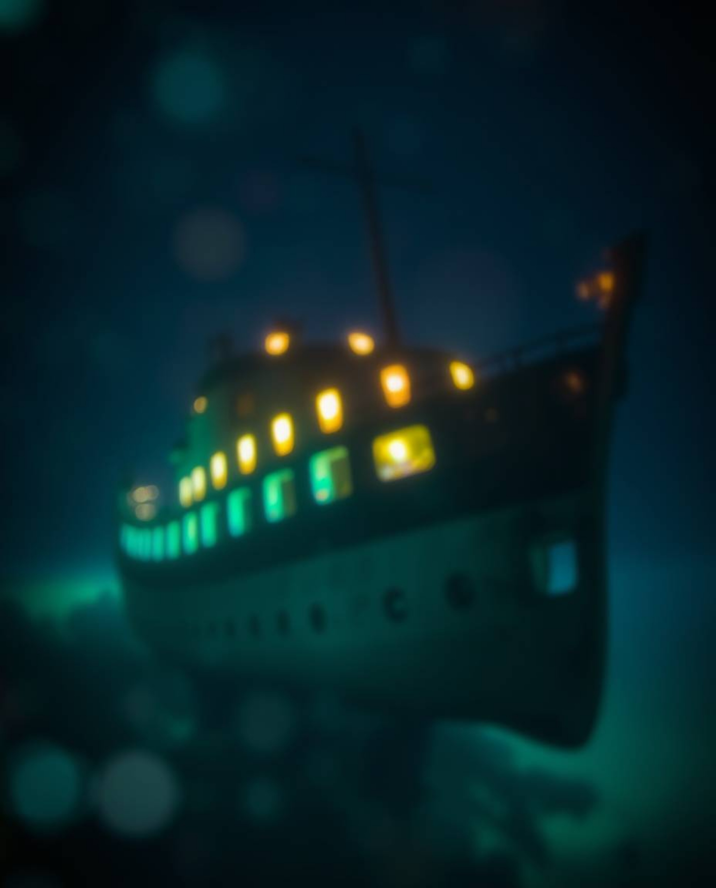 Discover a breathtaking underwater scene featuring a vibrant shipwreck illuminated by bioluminescent glows.  The image showca