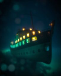 Discover a breathtaking underwater scene featuring a vibrant shipwreck illuminated by bioluminescent glows.  The image showca